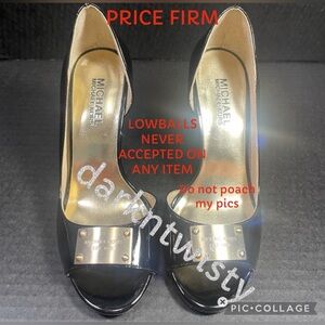 MICHAEL KORS BLACK PATENT LEATHER HEELS SIGNATURE MEDALLION TOE PLATE 5.5M FIRM$